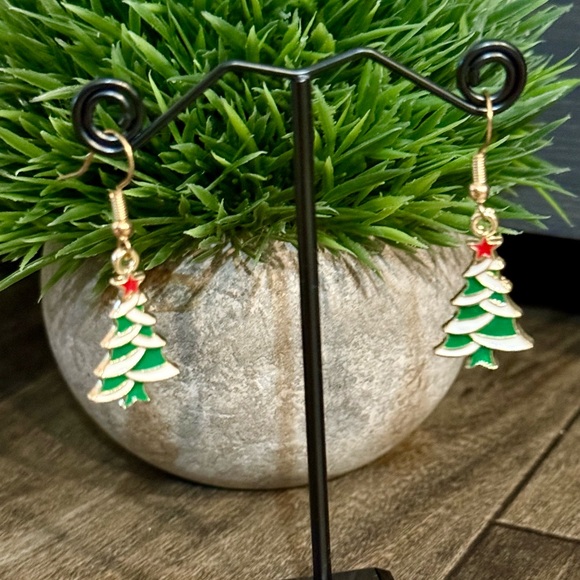 Gold and Green Christmas Tree Earrings - Picture 1 of 2